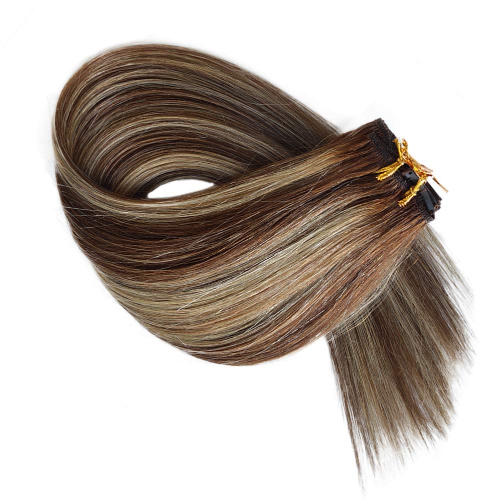 Clip in Hair Extensions Real Human Hair, Balayage Dark Roots Fading to Ash Brown Straight Natural Remy Hair Seamless Clip in Hair Extensions with 16 Clips 14" 70G