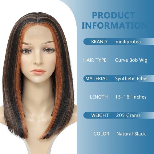 meiliprotea Brown Highlight Bob Wig Middle Part Synthetic Lace Front Wig Wear and Go Glueless Bob Closure Wig 15 Inch Shoulder Length Straight Bob Wigs for Women Daily Party Use (HL Brown)