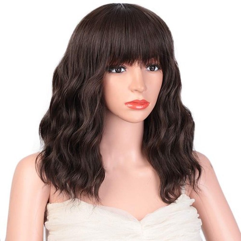 Ucubb Short Curly Wig with Bangs for Women 14 Inches Dark Brown Wavy Bob Wig Synthetic Heat Resistant Fiber Wigs (Dark Brown)