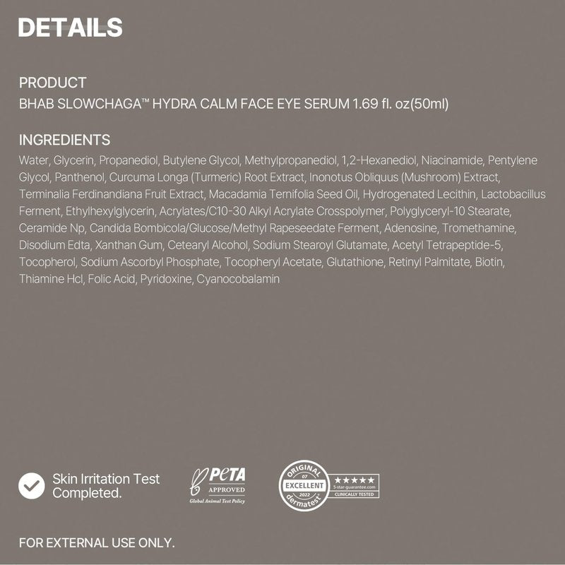 BHAB SLOWCHAGA Hydra Calm Face & Eye Serum - Hydrating Korean Serum with Panthenol & Ceramide for Barrier Repair, Soothing Sensitive Skin, Glass Skin Glow, 1.69 fl oz (50ml)