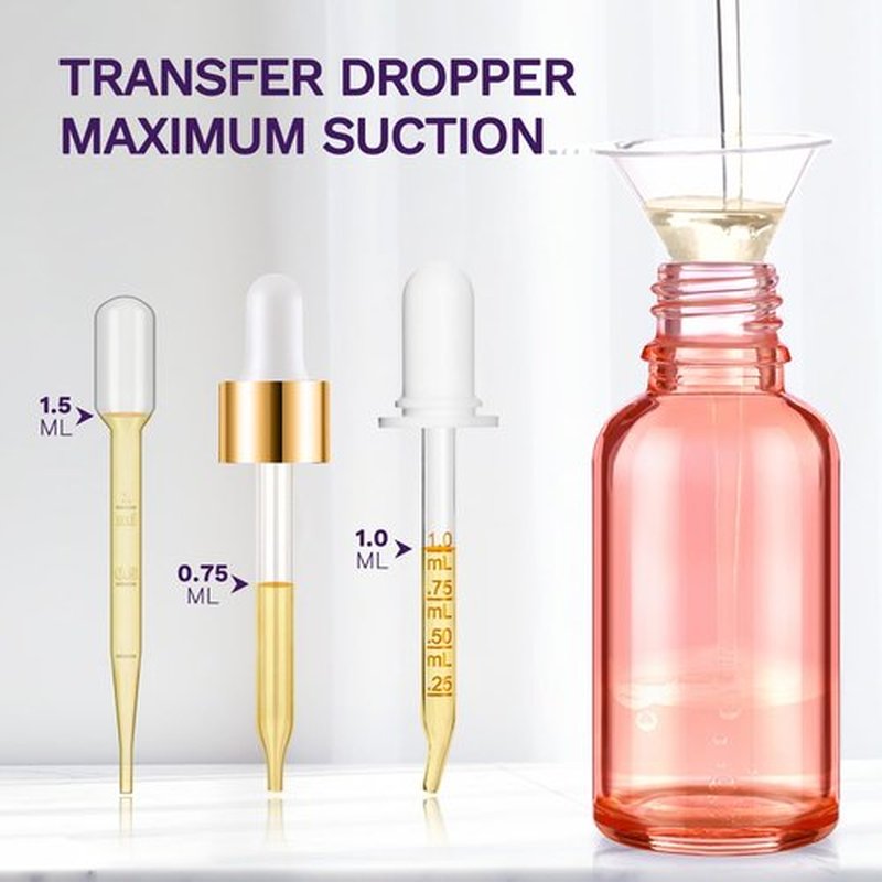 Bumobum Dropper Bottle 1 oz, 5 Pack Pink Glass Eye Dropper Bottles with Golden Lid for Essential Oils with 2 Measured Dropper 1 Funnel, 1 Pipette, 8 Labels, 30ml Leakproof Oil Dropper Bottle