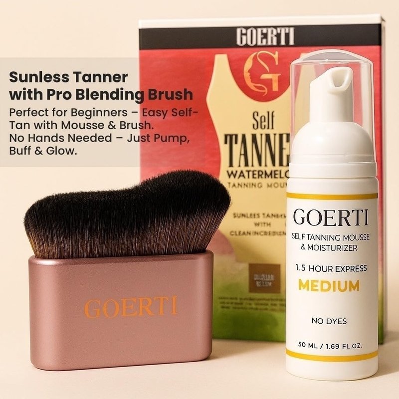 GOERTI Self Tanner Mousse & Tanning Brush Set – 1.5 Hour Express Sunless Tanner for Face & Body | Medium Shade, Long-Lasting & Natural Glow | Vegan DHA Formula, No Streaks, No Dyes, Gentle on Skin