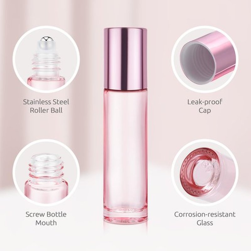 4 Pack, Essential Oil Roller Bottles, Pink Glass Roller Balls for Essential Oils, 10ml Empty Rollerball Bottles for Travel Refillable Roll on Perfume Bottles with Pink Caps