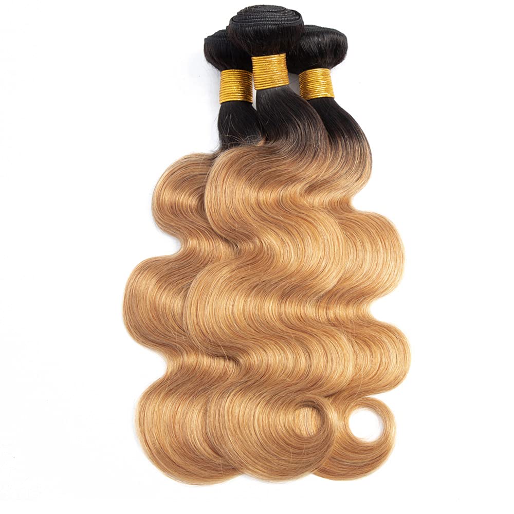 1B/27 Human Hair Bundles Ombre Body Wave Human Hair Bundles Brazilian Unprocessed Virgin Hair 3 Bundles 16 18 20 Inch Two Tone Black and Honey Blonde Bundles Ombre Bundles Hair Weave