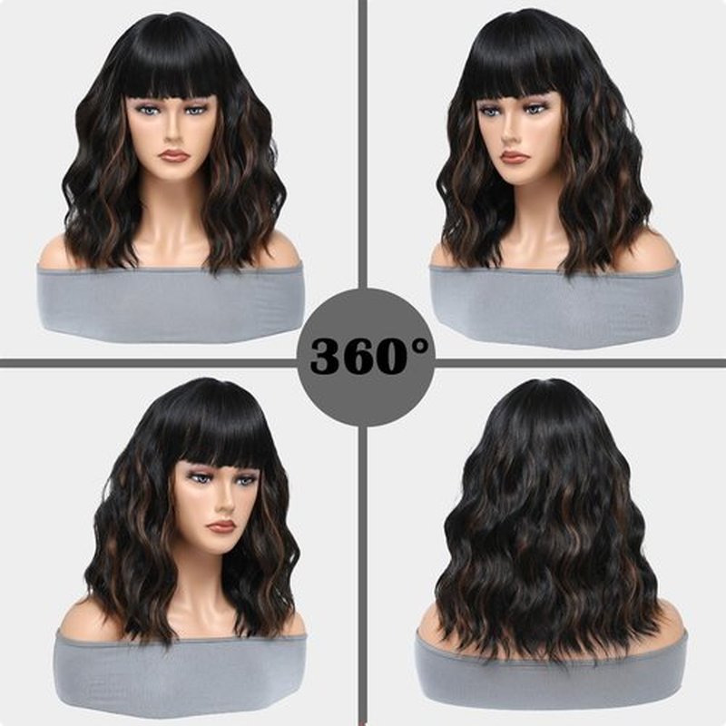 MeaYOO Black Mixed Brown Bob Wig with Bangs for Women,Shoulder Length Brown Highlight Synthetic Bob Wavy Wig,Natural Looking Heat Resistant Fiber Curly Wigs for Daily Party Use,Cosplay 1B/30 Mix Wig