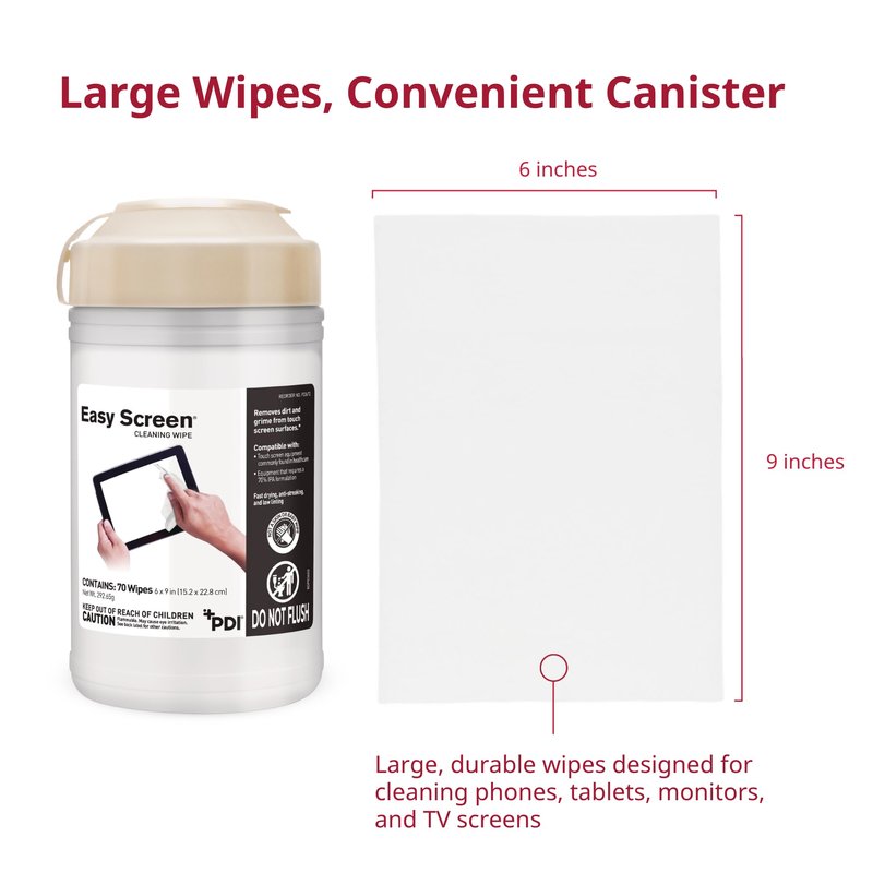 Easy Screen Cleaning Wipes, Electronic Screen Cleaning, Laptops, Monitors, Phone, Tablet, TV Screen Cleaning Wipe, 70 Wipes per Canister, Large 9"x 6" Durable Wipe