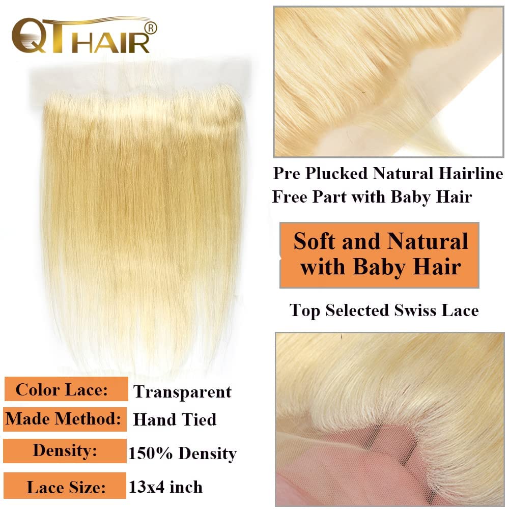 QTHAIR 14A Russian Blonde #613 Transparent Lace Frontal 14in 100% Platinum Blonde Human Hair for All Women (14",#613 Platinum Honey Blonde Closure Transparent Color Lace)