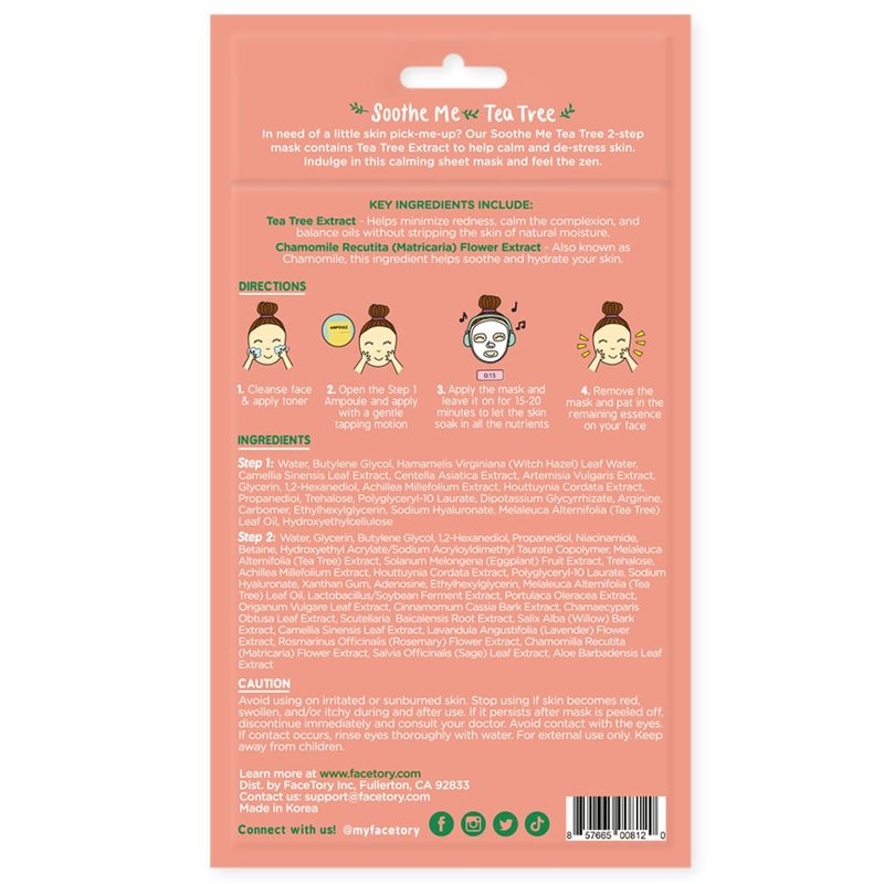FACETORY K Beauty Face Mask Skin Care - Soothe Me Tea Tree 2-Step Sheet Mask with Tea Tree Extract & Chamomile + Soothing Ampoule | Skin Calming, Acne Clearing (10 Pack)