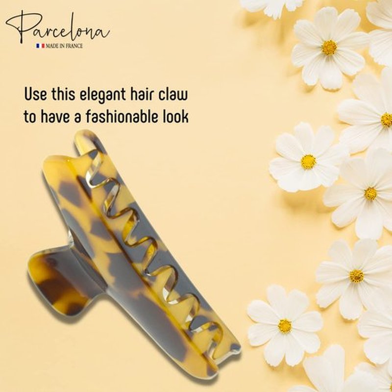 Parcelona French Flat Salon Style Medium 3 1/4" Celluloid Covered Spring No Slip Grip Jaw Hair Claw Durable Styling Paris Hair Accessories Women Strong Hold Girls Hair Claw Clips, Made in France (Light Savana)