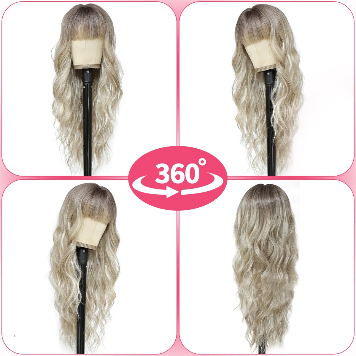 Beaurocks Blonde Wig With Bangs Long Wavy Curly Ombre Wig With Dark Root Wigs For White Women Blonde Wigs With Bangs Synthetic Heat Resistant Wigs for Women Daily Party Use 24inch (Ombre Blonde
