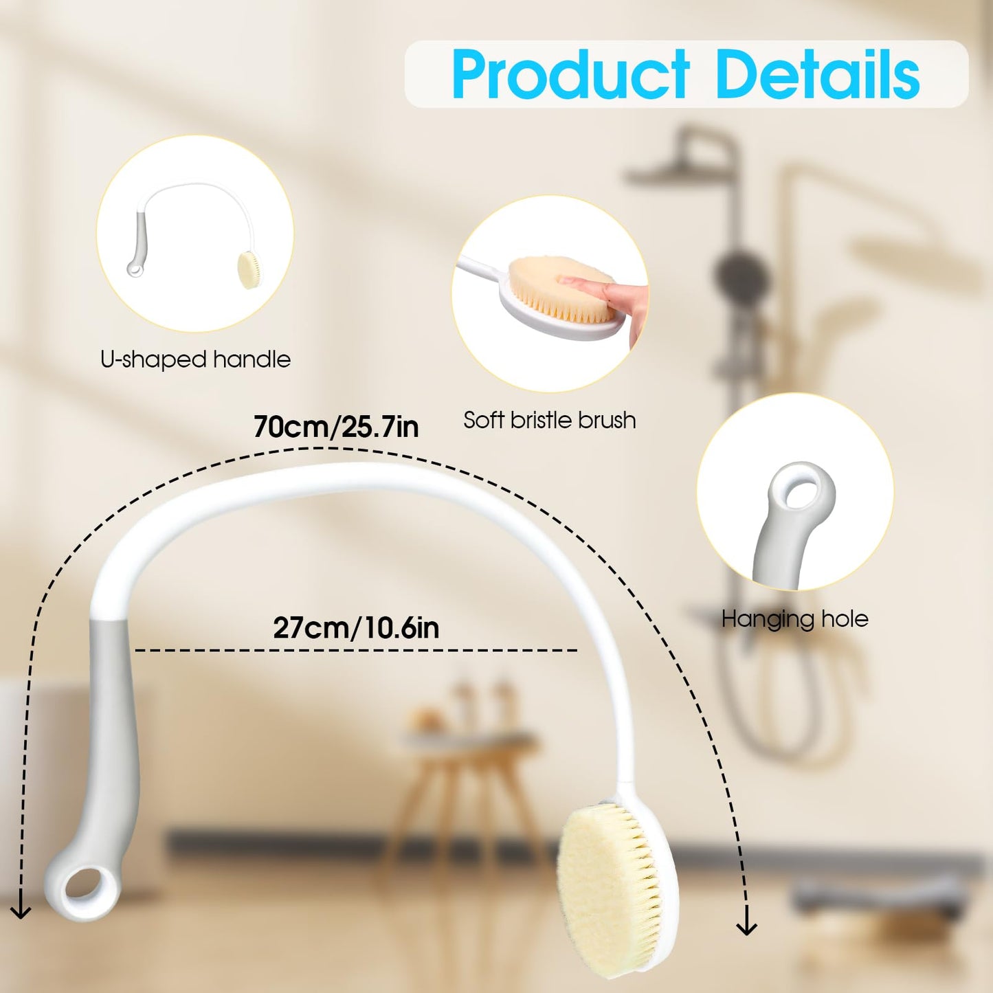 U-Shaped Back Brush Long Handle for Shower, 20.5” Back Bath Brush for Lotion Applicator Exfoliation and Improved Skin Health for Elderly with Limited Arm Movement, Disabled, Pregnant Women