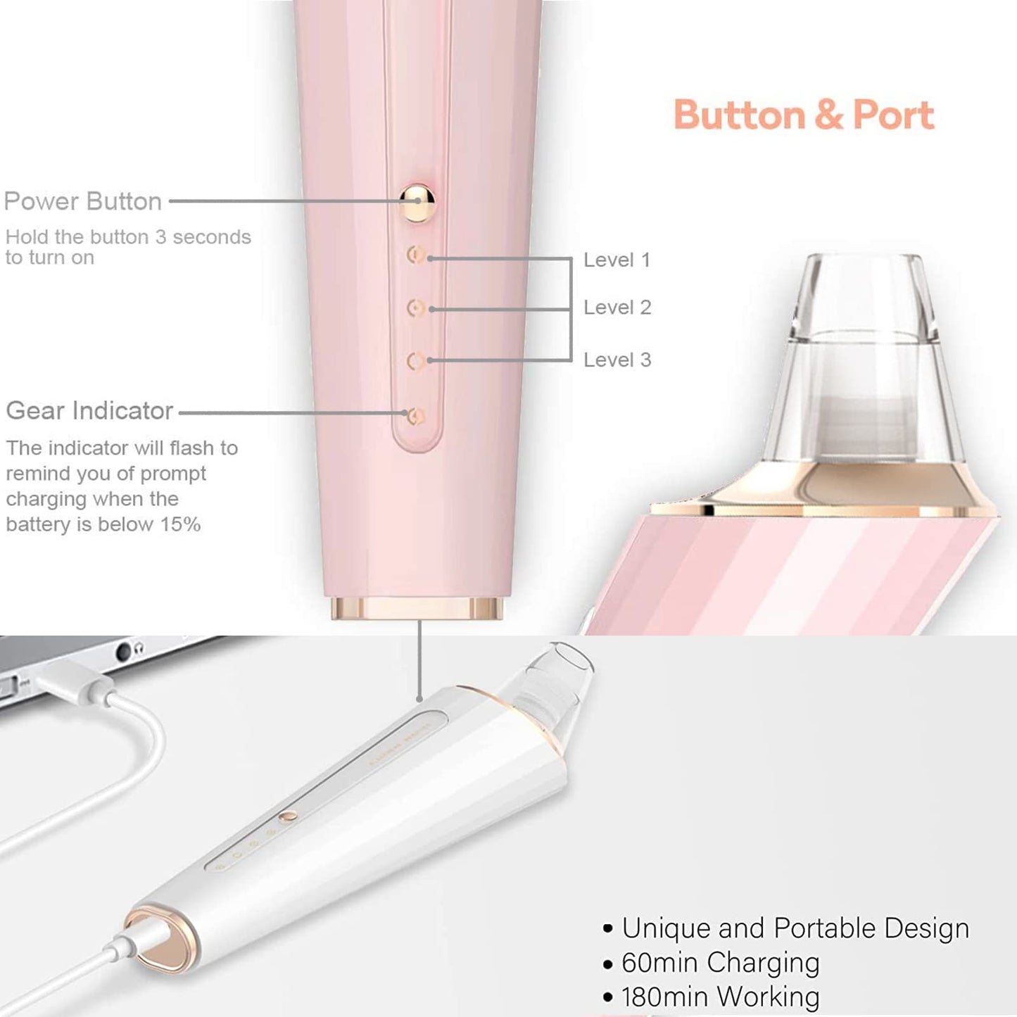 Blackhead Remover Pore Vacuum, Upgraded USB Rechargeable Facial Pore Cleaner Blackhead Removal Kit with 3 Suction Power,5 Probes Black Head Extractions Tool for Women & Men (Pink)