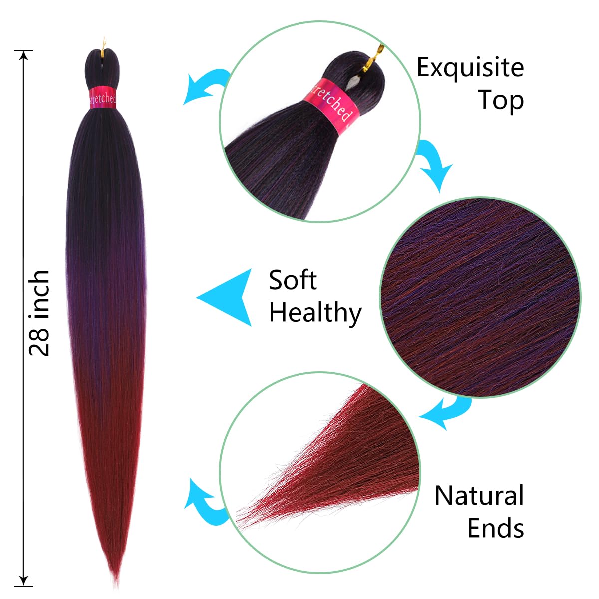 Ombre Pre Stretched Braiding Hair, 28''-3 packs Silky Color Blend Braid Hair Extensions, 100% Synthetic Crochet Hair Braids
