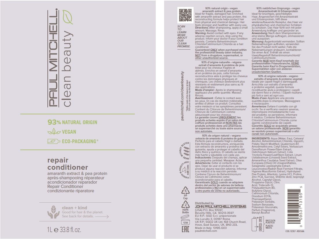 Paul Mitchell Clean Beauty Repair Conditioner, Strengthens, Balances Moisture, For Damaged, Brittle Hair
