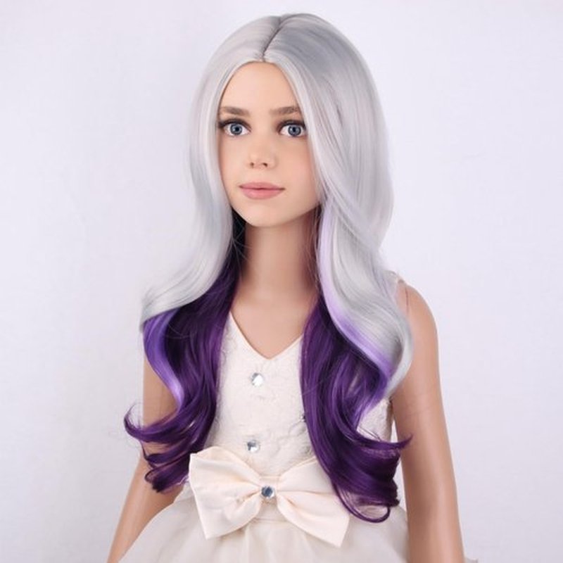 PATTNIUM Long Wavy Silver Gray Wig for Kids Child Gray Mixed Purple Wig Girls Gray Synthetic Wig with Wig Cap