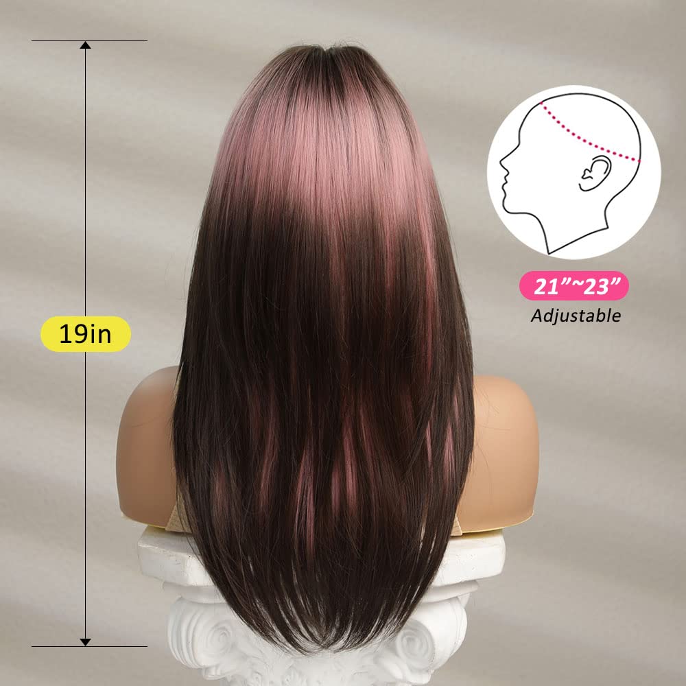 OUFEI Pink Brown Ombre Wig with Bangs Long Straight wigs for Women Layered Wigs Synthetic Hair Heat Resistant Wigs for Daily Party Cosplay Wear