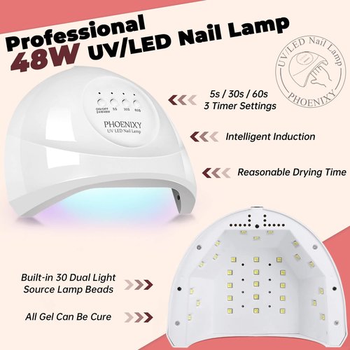 PHOENIXY Gel Nail Polish Kit with U V Light 48W, 66 Pcs 135 Effect Gel Nail Polish Set Base Glitter Top Coat Gel Nail Kit Manicure Tools Gifts for Women