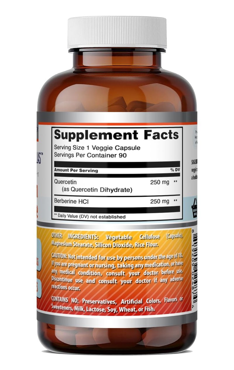 Amazing Formulas Quercetin 250 Mg & Berberine 250 Mg | Veggie Capsules Supplement | Non-GMO | Gluten-Free | Made in USA (1 Pack | 90 Count)
