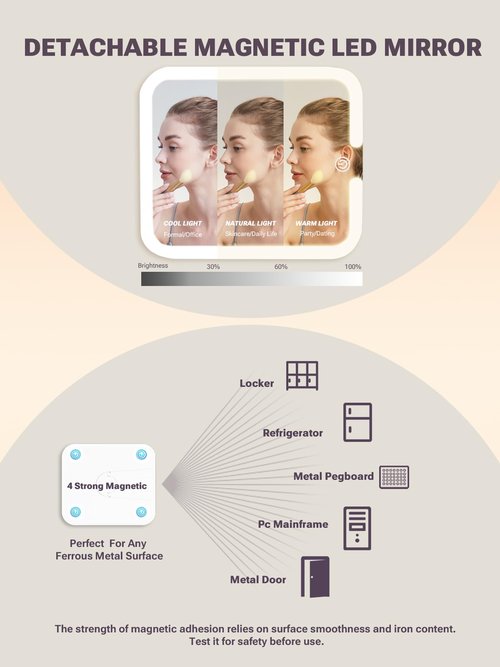 Qislee Makeup Box with A Detachable Lighted Mirror, Waterproof Travel Train Case, Cosmetic Organizer and Makeup Suitcase with Adjustable Dividers, Magnetic LED Mirror(Icy Pink, Diamond Textures)
