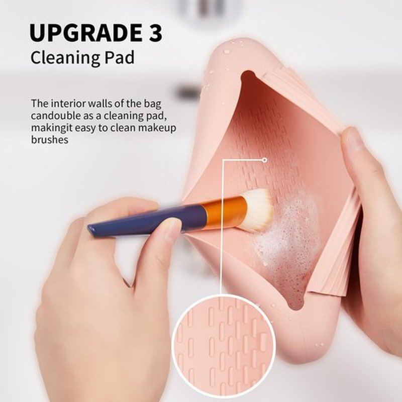AGIKET Silicone Makeup Brush Holder Travel Cosmetic Bag:Soft Portable Cosmetic Face Brushes Holder with Upgrade Anti-Fall Out Magnetic Closure, Large Travel Makeup Brush Case - Pink Sand