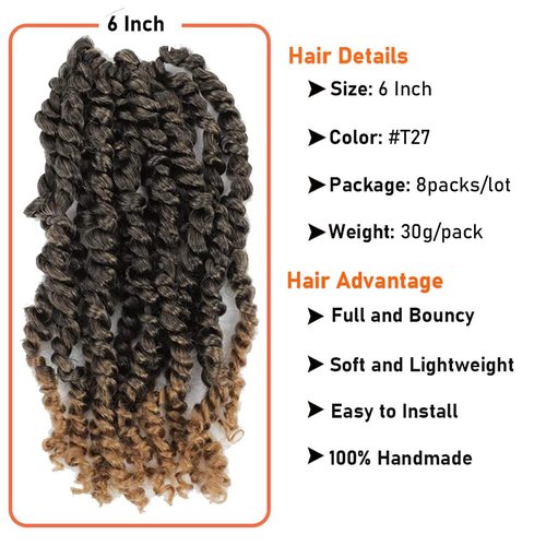 Passion Twist Crochet Hair 6 Inch 8 Packs Pre-Twisted Passion Twist Hair Crochet Hair for Black Women Pre-Looped Crochet Braids Synthetic Crochet Hair Extensions #T27