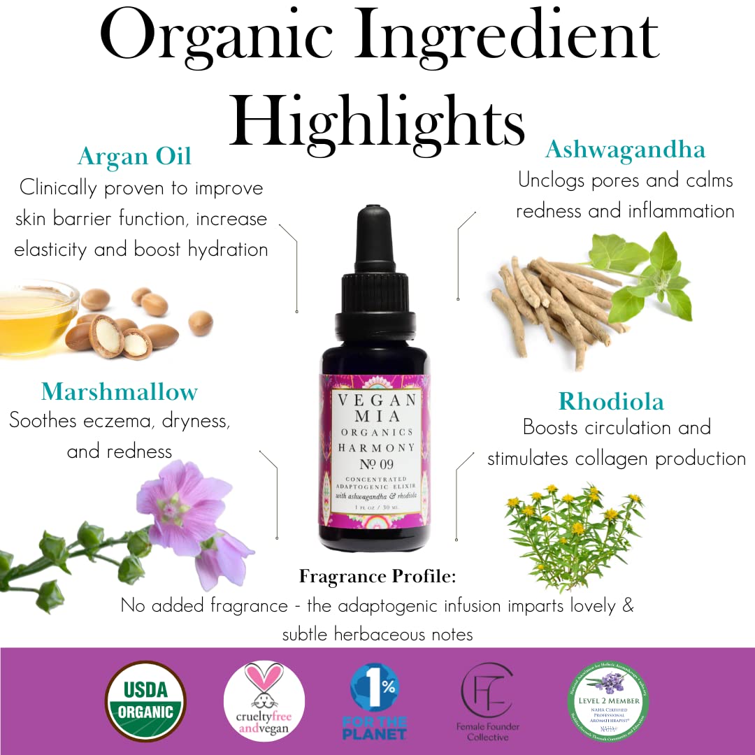 Vegan Mia - USDA Organic Harmony Adaptogen Elixir Face Oil - Face Moisturizer For Dry Skin, Blemishes, Redness & Fragrance Sensitivities - with Licorice, Ashwagandha, Rhodiola Root & More - 0.5 fl oz