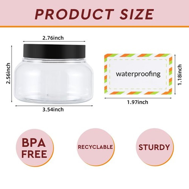 48 Pack 8 Oz Plastic Containers With Lids and Waterproof Label BPA Free - Refillable Transparent Cosmetic Containers for Body Butter,Sugar Scrubs,Cream,Lotions,Candy,Bath Salt (48, Clear)