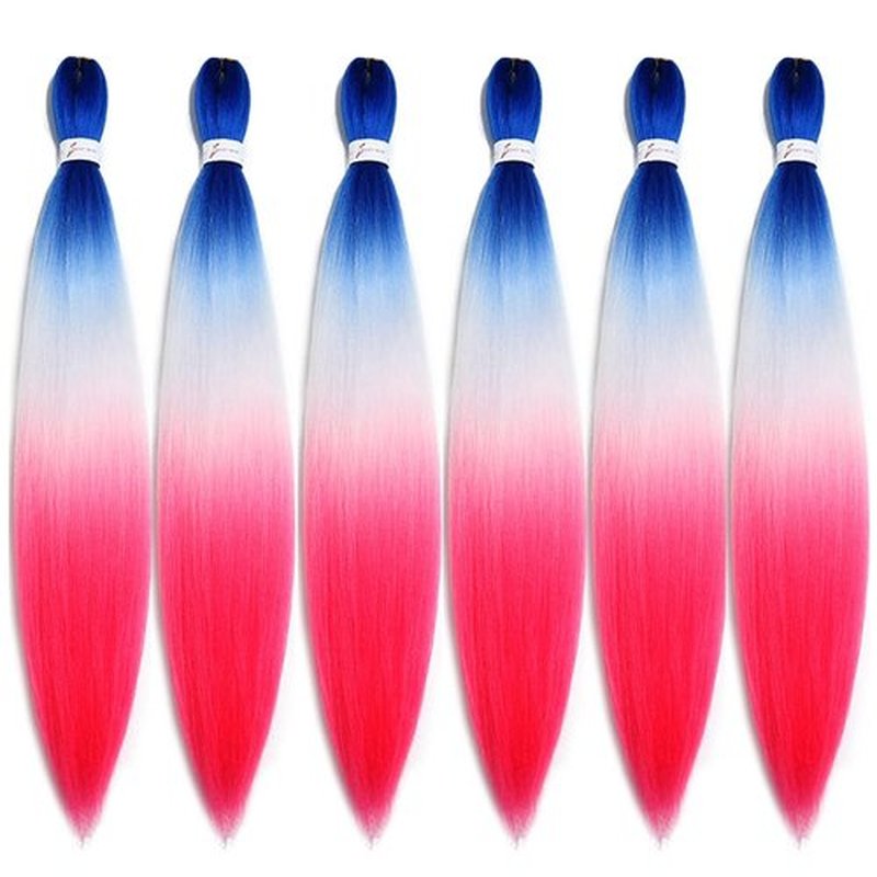 BALINGHAIR Pre-Stretched Braiding Hair Extensions Braids Hair 28 Inch Ombre Blue to White to Red(C50-6Packs)