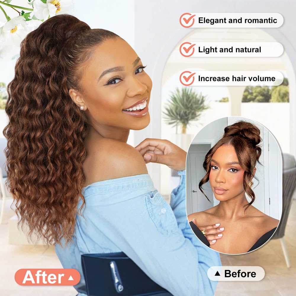 ALXNAN Wavy Curly Ponytail Extension, Long Soft 18" Ombre Auburn Drawstring Ponytail for Black Women Natural Synthetic Hairpiece Thick For Daily Use