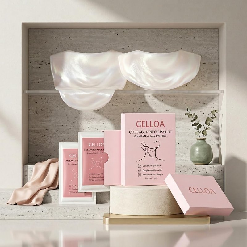 Derperzi Celloa Neck Patch, Collagen Neck Wrinkle Patches, with Peptide + Hyaluronic Acid, Tighten Sagging Wrinkles, Anti Aging & Deep Hydration, 5 Pairs/Box