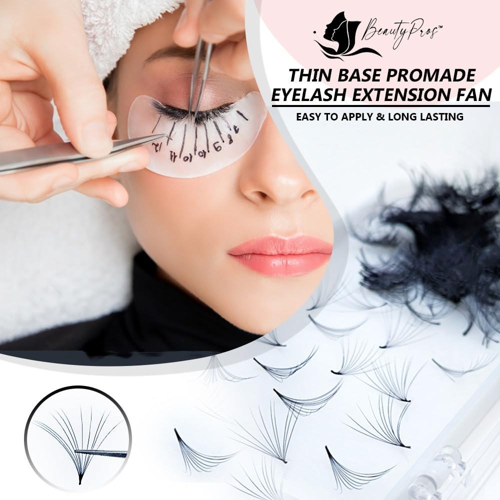 BeautyPros Professional Lash Extension Kit – Faux Mink Bundle 500 Lash Fans (8-17mm)- Premade Loose Fans base (0.05mm & 0.07mm) -Volume Lash Extensions Multiple Selection -Black (5D D Curl Wispy 12mm)