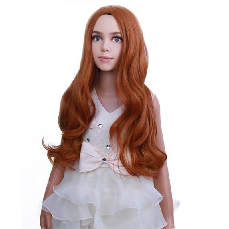PATTNIUM Dark Orange Wig Kids Child Wig Long Curly Wavy Wig Ginger Wig Middle Part Girls Wig Auburn Wig Heat Resistant Synthetic Hair Wig with Wig Cap