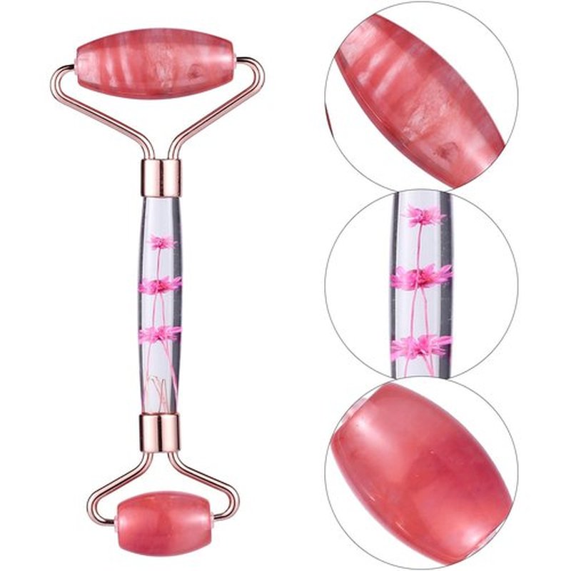 rockcloud Crystal Stone Jade Roller Massager for Face Eye Neck Facial Skin Care Tool Anti-Aging for Slimming & Firming, Cherry Quartz
