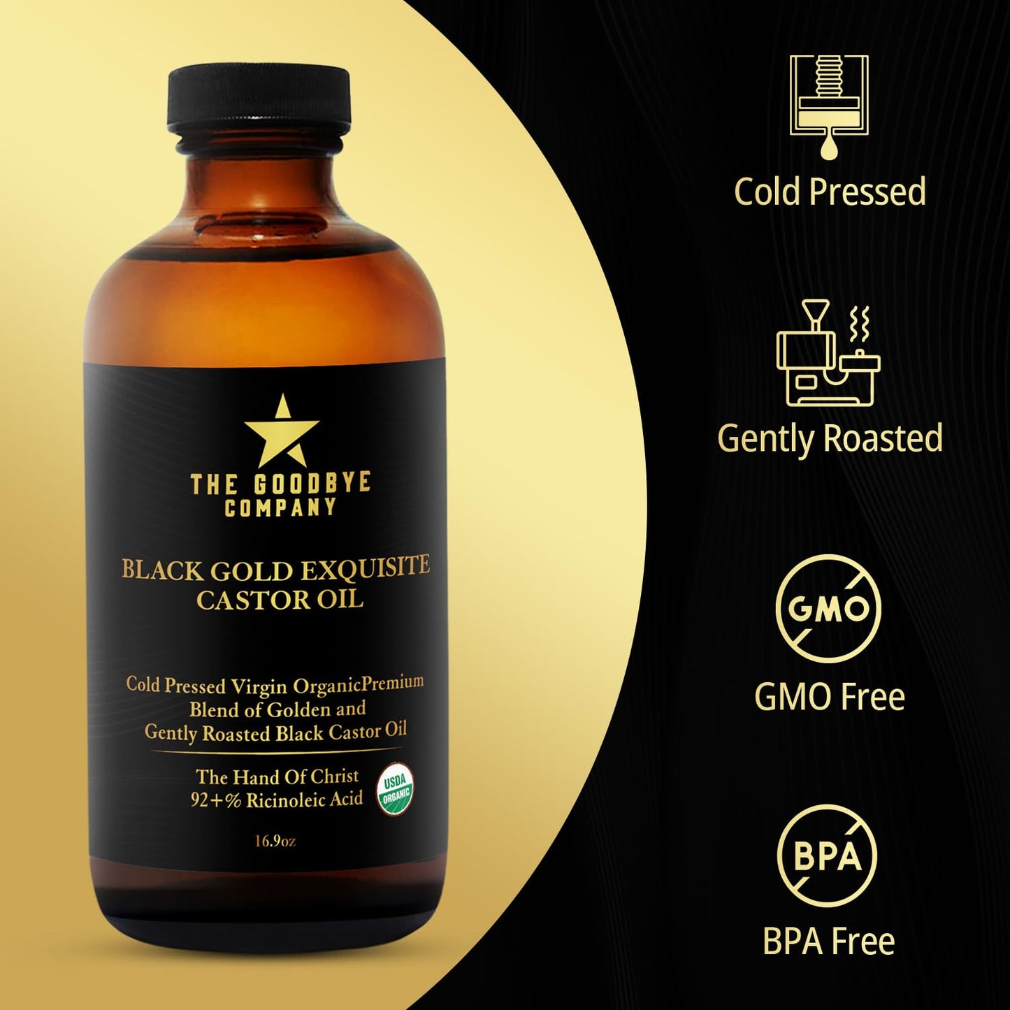 The Goodbye Company Jamaican Black & Gold Castor Oil Blend – USDA Organic, Cold-Pressed & Unrefined – Pure Hexane-Free Oil for Hair, Skin, Body, Eyelashes & Eyebrows