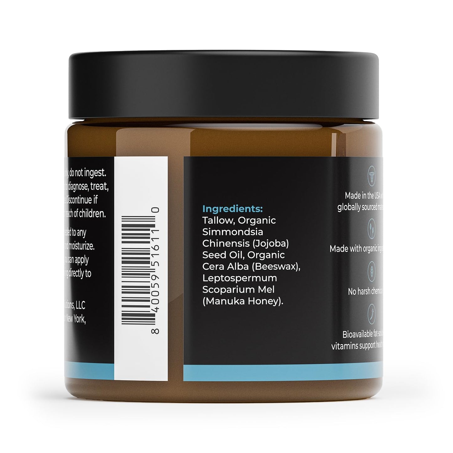 Healing Solutions - Whipped Tallow Balm, 100% Grass Fed/Grass Finished Beef Tallow with Organic Jojoba & Manuka Honey for Skin, Face & Body, All Natural Moisturizer Cream, Made in USA