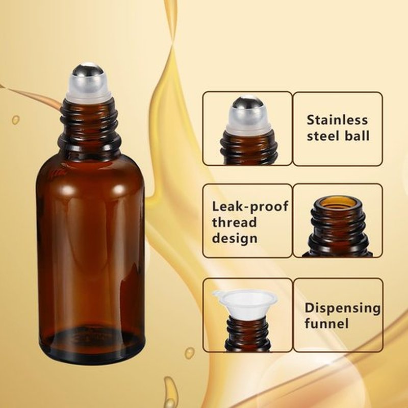 HEYLEAYAR 20ML Roller Bottles for Essential Oil, 4 Pack Empty Amber Glass Roller Bottles for Perfume Oil, Roll on Bottles with Stainless Steel Roller Balls, Opener, Funnel and Dropper