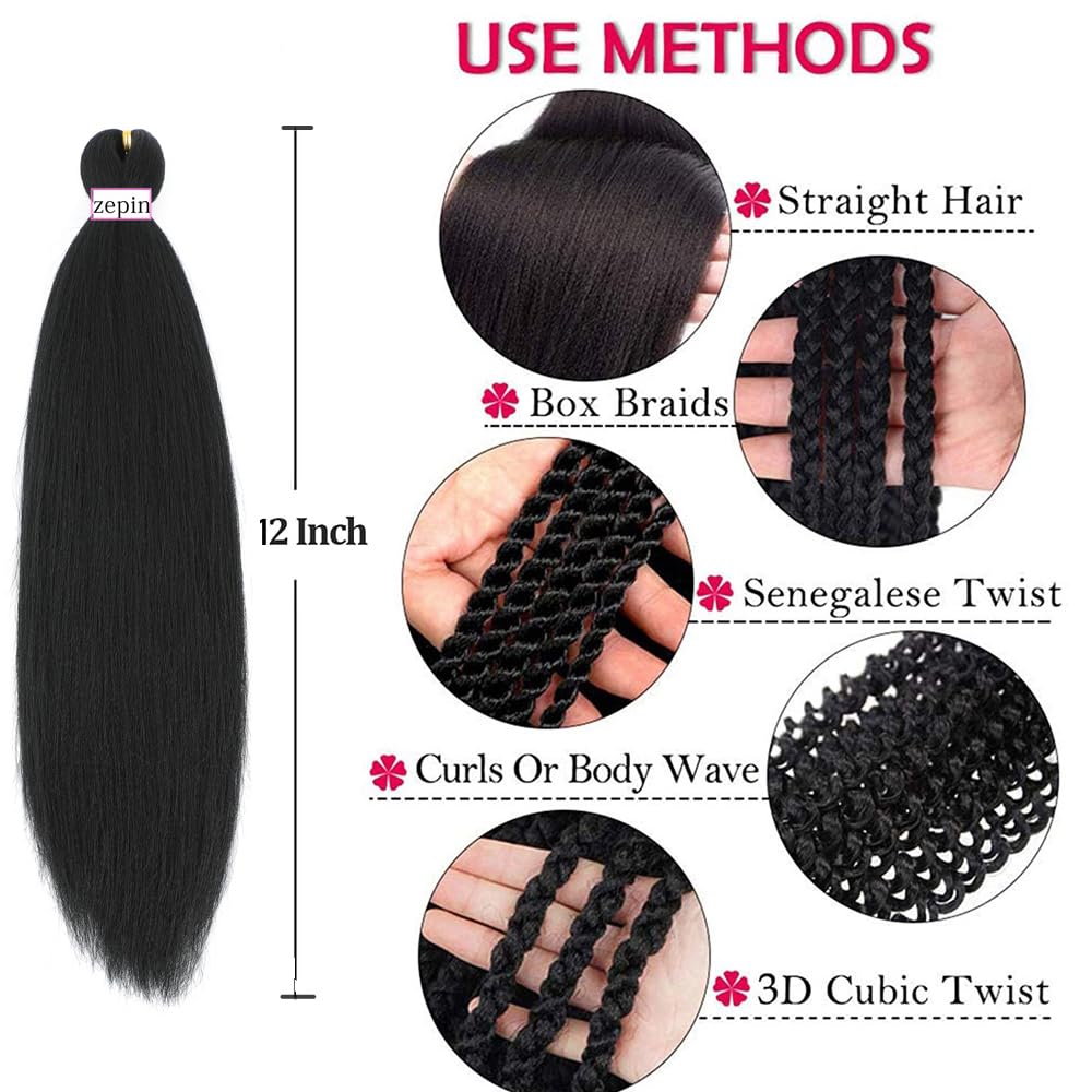 zepin Pre Stretched Braiding Hair 12 Inch 8 Packs Professional Soft Yaki braiding Hair For Braids Hot Water Setting Synthetic Crochet Hair Extensions (12 Inch (Pack of 8), 1B)