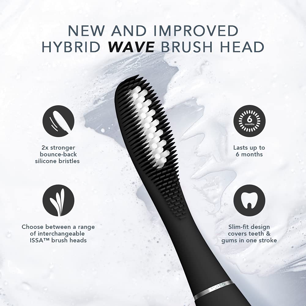 FOREO ISSA Hybrid Wave Brush Head Black, Medical-Grade Silicone & PBT Polymer Bristles, 6-Months Lasting