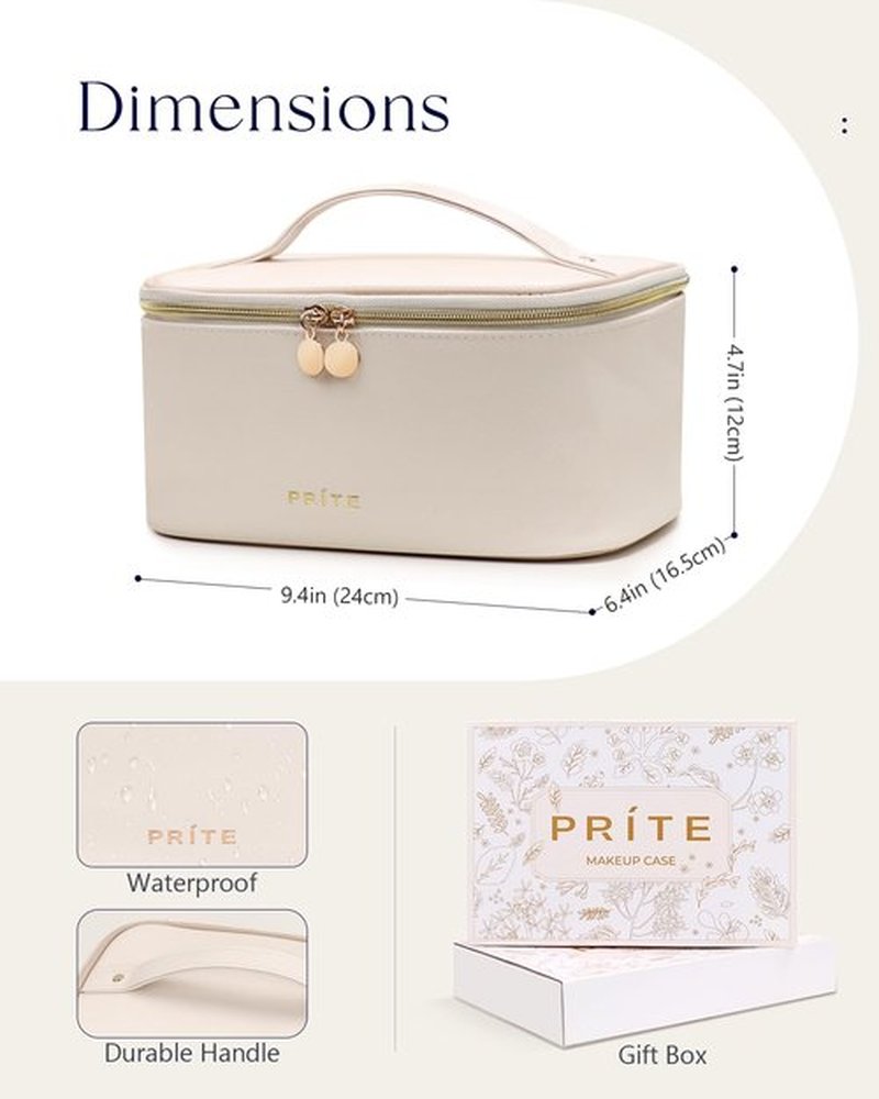 Prite Makeup Bag, Large Capacity Portable Travel Cosmetic Bag, Waterproof Makeup Organizer for Women with Handle and Divider(Beige)