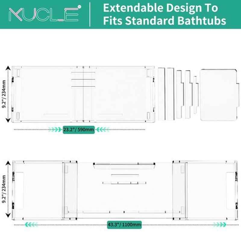 Kucle Expandable Acrylic Bathtub Tray - 23-42 Inches Bath Caddy Tray for Bathtub, Luxury Bath Tub Tray Table for Home Spa, Bath Tray for Tub, Bathroom Tub Accessory Birthday Gift for Her (Clear)