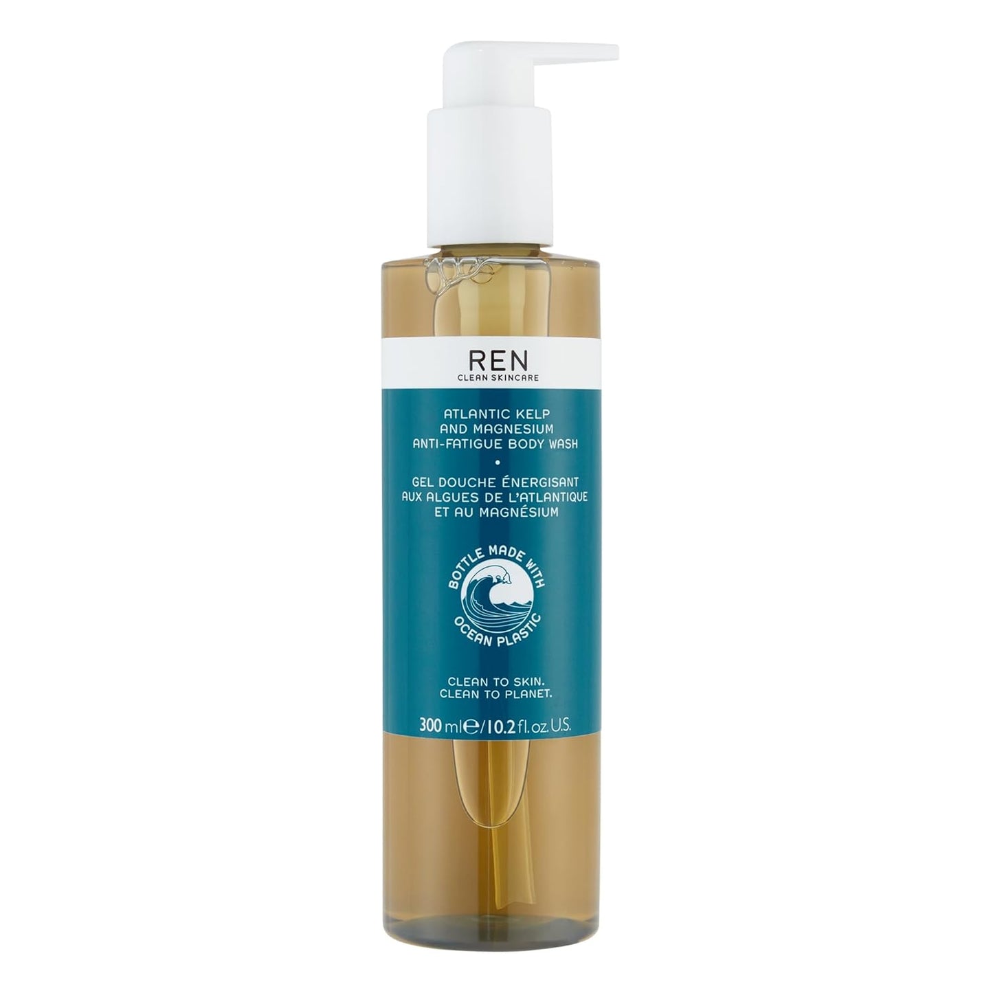 REN Clean Skincare - Atlantic Kelp and Magnesium Anti-Fatigue Body Wash - Energizing Vegan Body Wash with Natural Essential Oils in Recycled Ocean Plastic Bottle, 10.2 Fl Oz
