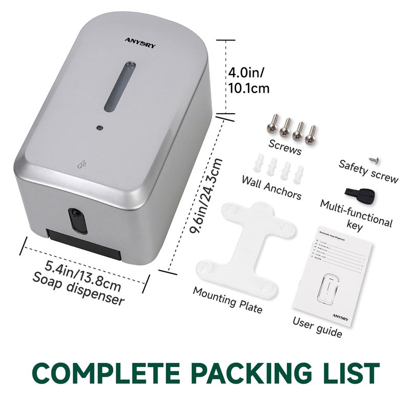 anydry Commercial Automatic Soap Dispenser Large 34oz/1000ml Capacity Wall-Mounted Touchless Liquid Dispenser for High-Traffic Restrooms, Offices, Hospitals Model AD1220S Silver