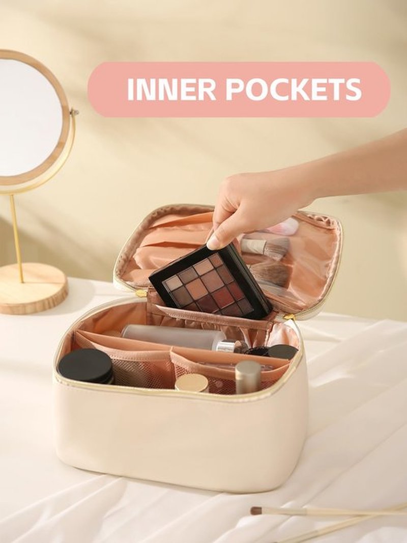 KITENROM Extral Large Makeup Bag Portable Cosmetic Bags for Women Zipper Pouch for Purse Make Up Case with Detachable Divider Toiletry Organization Waterproof Beige