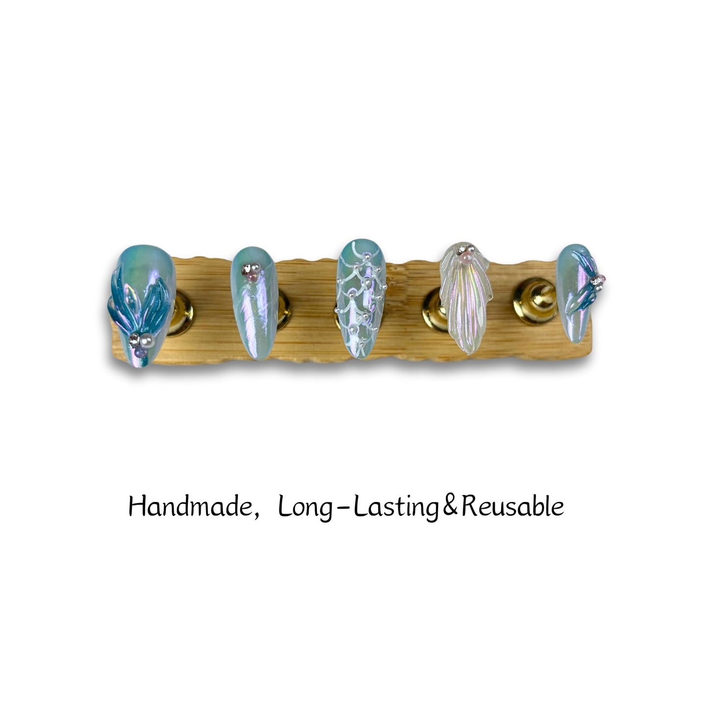 Yabonica Original Handmade Press On Nails Medium with Blue Seashell Charm Design, Set of 10 Pcs Acrylic Press On False Nails Almond Reusable Stick On Finger-Cute Woman Girl Gift (047, M)