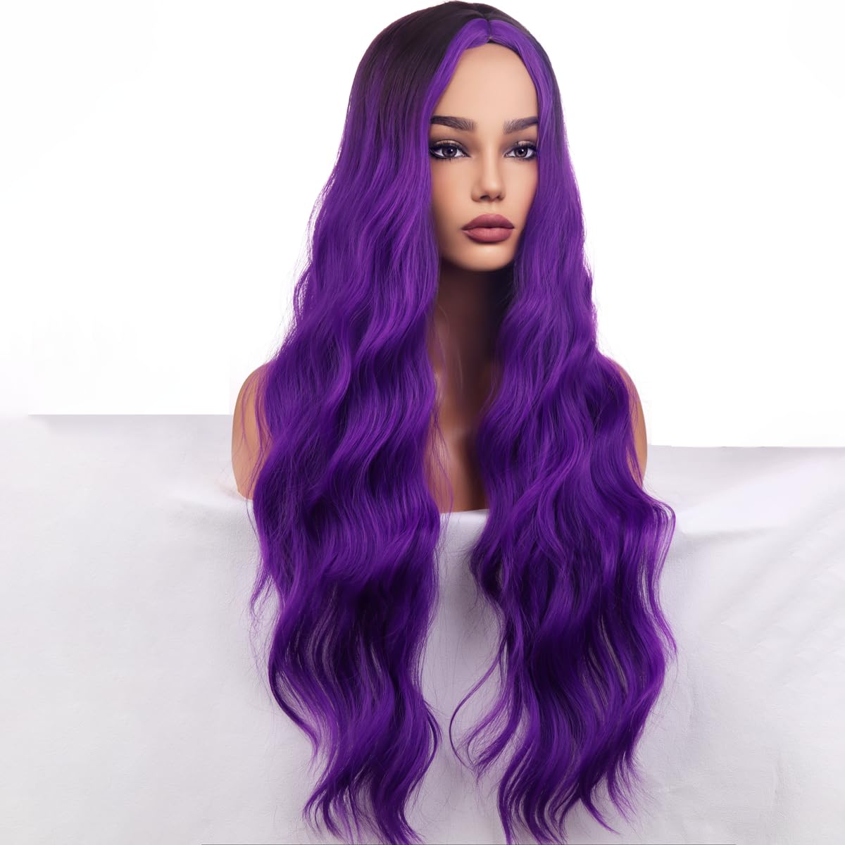 WTHCOS Ombre Purple Wig Long Curly Wavy Hair Wig for Women Middle Part Wig Purple Ombre Wig Heat Resistant Synthetic Hair Wigs for Daily Use Cosplay Wig With Wig Cap