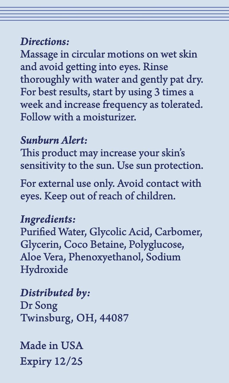 Korean Skin Care - Dr Song Glycolic Acid Face Wash - Exfoliating Face Wash with 10% Glycolic Acid, AHA for Anti Aging, Acne and Wrinkles Korean Beauty