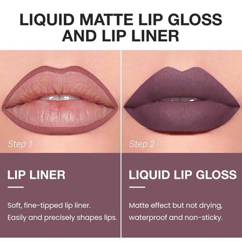 JUAAZIN 2pcs Rose Taupe Matte Lip Liner and Lipstick Makeup Set, Vegan Lipstick Lip Liner and Gloss Set Lip Stain Long Lasting Waterproof Smudge-Proof Properties Non-stick Cup(Rose Taupe 10#)