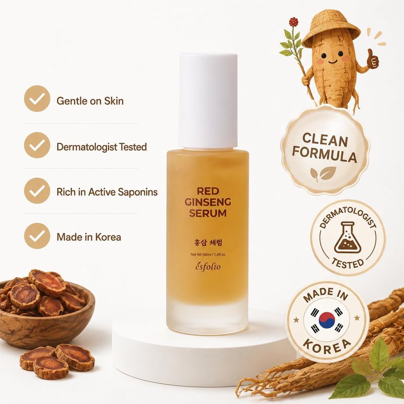 Esfolio made in Korea Red Ginseng Serum 1.69 Fl Oz, Lightweight Facial Serum with Red Ginseng Extract, Fast Absorbing Daily Face Serum for Soft and Refreshed Skin, Korean Skincare