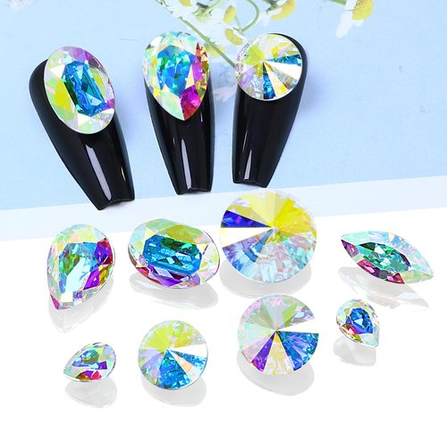 Dongzhou K9 Glass Crystal AB Nail Rhinestones Pointed Back Crystals Mix Sizes Gems Stones Decorations Set for Nail Art Clothing Jewelry Shoes Bags, Especially for Nails Design