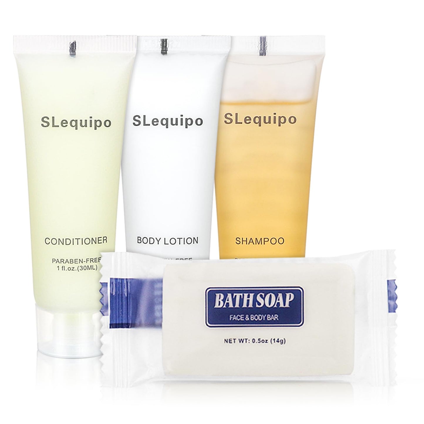 SLequipo 4-IN-1 Hotel Toiletries Bulk Set (200PCS) 4-Piece Set: 50 Hotel Bar Soap 0.5oz, 50 Hotel Shampoo, 50 Conditioner Travel Size, 50 Hotel Body Lotion - Bulk Mini Guest Amenities